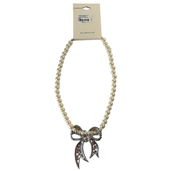 Forever 21 Costume Pearl Rhinestone Silver Tone Bow Pendant Glam Choker Necklace - Picture 1 of 5